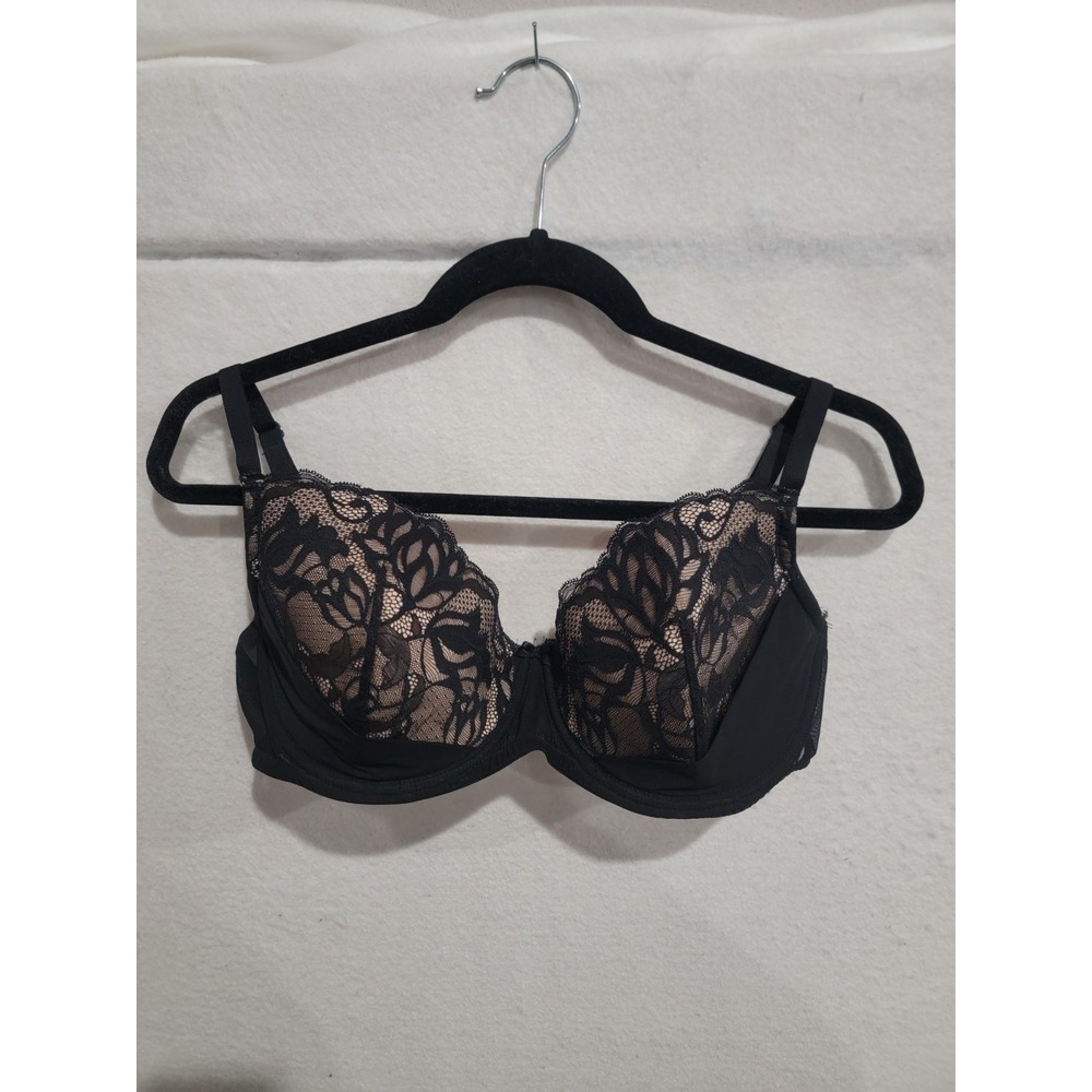 Frederick's of Hollywood Julianne Balconette Bra 38DD Black‎ Lace Nude Lining